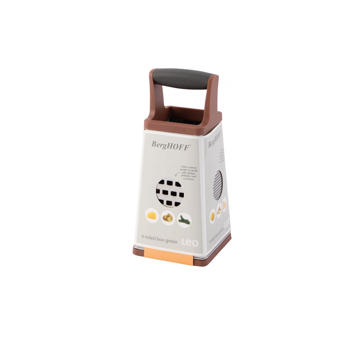 BergHOFF 4-Side Box Grater - Coarse, Fine, Zester and Ultra-Coarse Stainless Steel Blades with Soft-Grip Handle